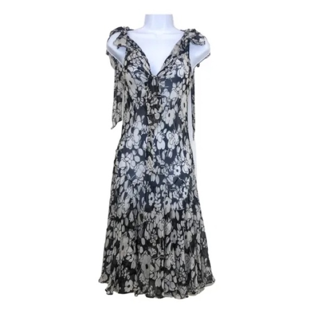 MILLY Black and White Flower Print Midi Dress